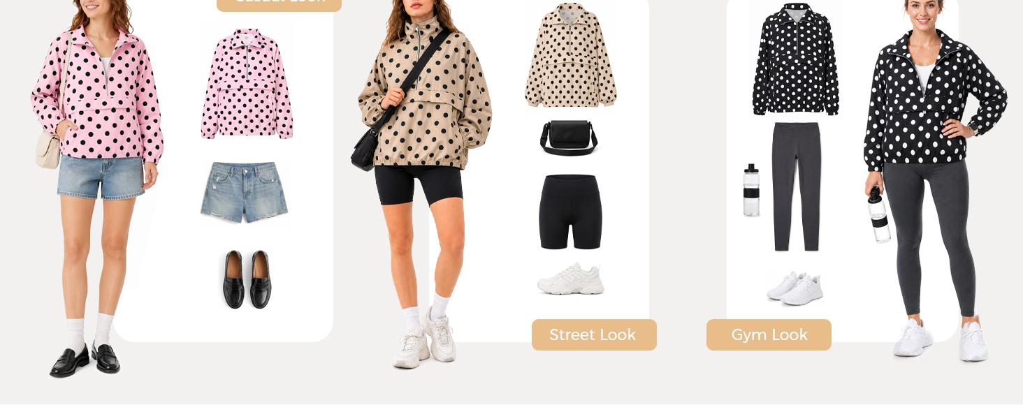 Fisoew Womens Polka Dot Quarter Zip Pullover UPF 50+ Windbreaker Jacket | Stand-Up Collar, Pocket, Oversized, Lightweight, Running, Hiking, Shirts