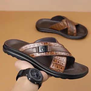 Men's 2026 Summer Cross Strap Slide Sandals Thick Sole Non-Slip Comfortable Casual Beach Slippers Stylish Crocodile Texture Crisscross Design Metal Buckle Detail Lightweight Easy Wear Daily Outdoor Black Brown