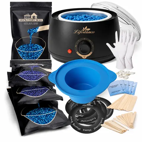 Lifestance Beginner All-in-1 Lavender Hard Wax Kit - L1 Warmer, 59-Item Multi-Pack, Reusable Bowl, Sweet Almond Oil, 10 Rings, 4 Bags of Wax Beads, 5 Collars, 5 Oil Packs, Body Care, All Skin Types, Full Body & Bikini Line Hair Removal