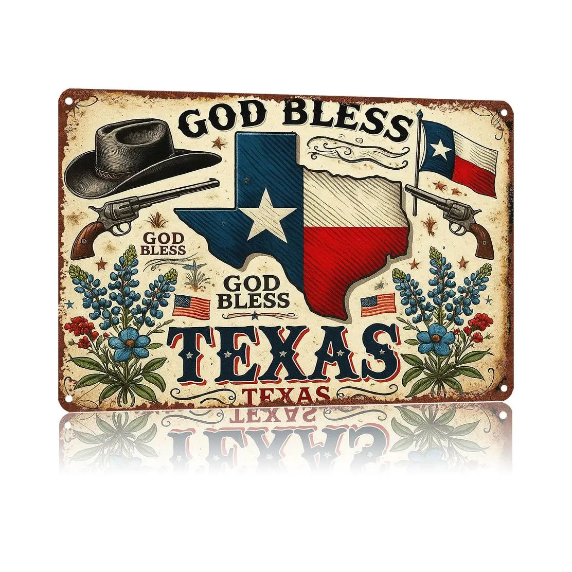 Vintage Wall Decor Metal sign 8X12Inch "God Bless Texas",High-Definition Print Tin Poster, Weatherproof & Rust-Resistant for Home, Garage,Patio, Garden, Porch & Outdoor Spaces, Private Space, Durable Wall Art,Aluminum Plaque Gift