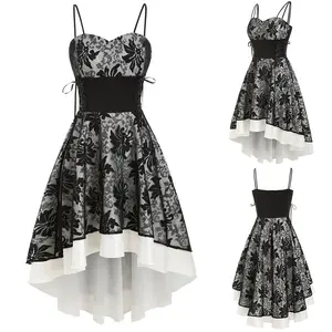 Women’s Gothic Vintage Lace-Up High-Low Cami Dress - Sleeveless Irregular A-Line Party Dress