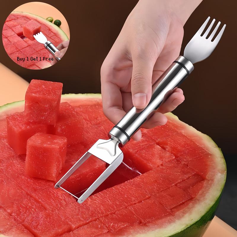 【2 Pack】Watermelon Fork Slicer,Watermelon Slicer Cutter,Watermelon Cube Cutting Tool, 2-in-1 Stainless Steel Fruit Cutter, Dual Head Fruit Forks Slicer Knife with Round Handle,Fruit Cutting Kitchen Utensils,Kitchen Gadgets,Portable Modern