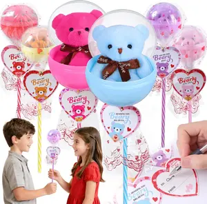 Mothers Day Gift for Kids Classroom, 30 Packs Giant Lollipop Bear Valentines Day Stuffed Animals, Valentine Cards for Kids School Class Party Favors