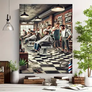 1 Piece Vintage Barber Shop Scene Canvas Print - Vintage Barber Shop Wall Art Painting, Framed Aesthetic Room Decoration, Suitable for Living Room, Office, Bedroom, Ideal Gift, Barber Shop Decoration, Perfect Room Decoration