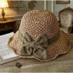 Women's Vintage Handmade Woven Straw Sun Hat with Ruffled Bow Foldable Packable Summer Beach Travel Cap