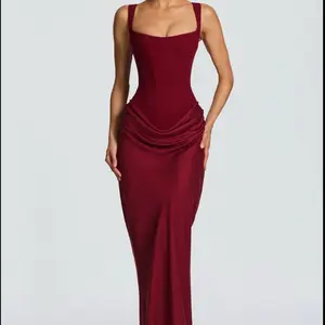 Elegant Red Evening Gown with Drape Detail and Strapless Design for Formal Events