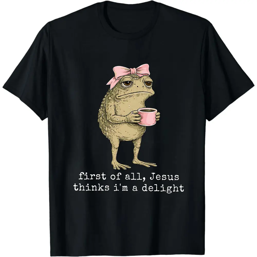 Funny Christian Frog Tee, Jesus Thinks I’m A Delight Graphic Shirt, Cute Retro Faith T-Shirt, Coffee Bow Frog Humor Top