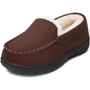 Kids Boys Moccasin Slippers with Memory Foam, Suede-Look Plush Lined Indoor & Outdoor House Shoes, Nonslip EVA Sole, Classic Slip-On Slippers