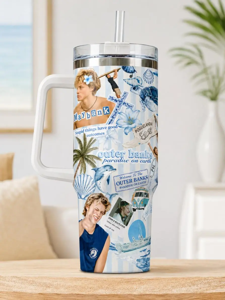 JJ Maybank OBX5 40oz Tumbler, Outer Banks Paradise on Earth Travel Cup With Handle & Straw, Pogue Fan Gift