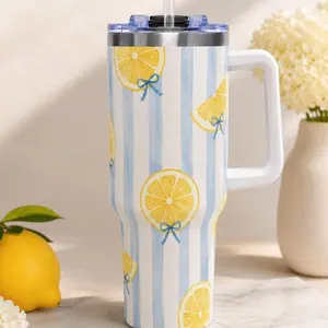 Lemon Slice Pattern Tumbler 40oz, Vacuum Insulated Summer Citrus Travel Mug, Cute Fruit Drinkware Gift for Women Men Beach Party Style Cup