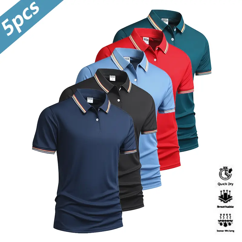 Men's 5-Piece Quick Dry Polo Shirt Set - Breathable, Moisture-Wicking, Well-Fitting Activewear with Color Block Collar & Cuff, Ideal for Golf, Casual Parties, Travel, Breathable Polo Shirts, Moisture-Wicking Polo Shirts