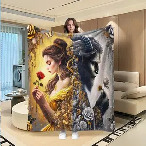 Beauty  and the beast flannel blanket with romantic couple design is super soft, warm and comfortable. It's a throw blanket with creative digital printing for home decoration, suitable for living room, bedroom, sofa, as a gift.