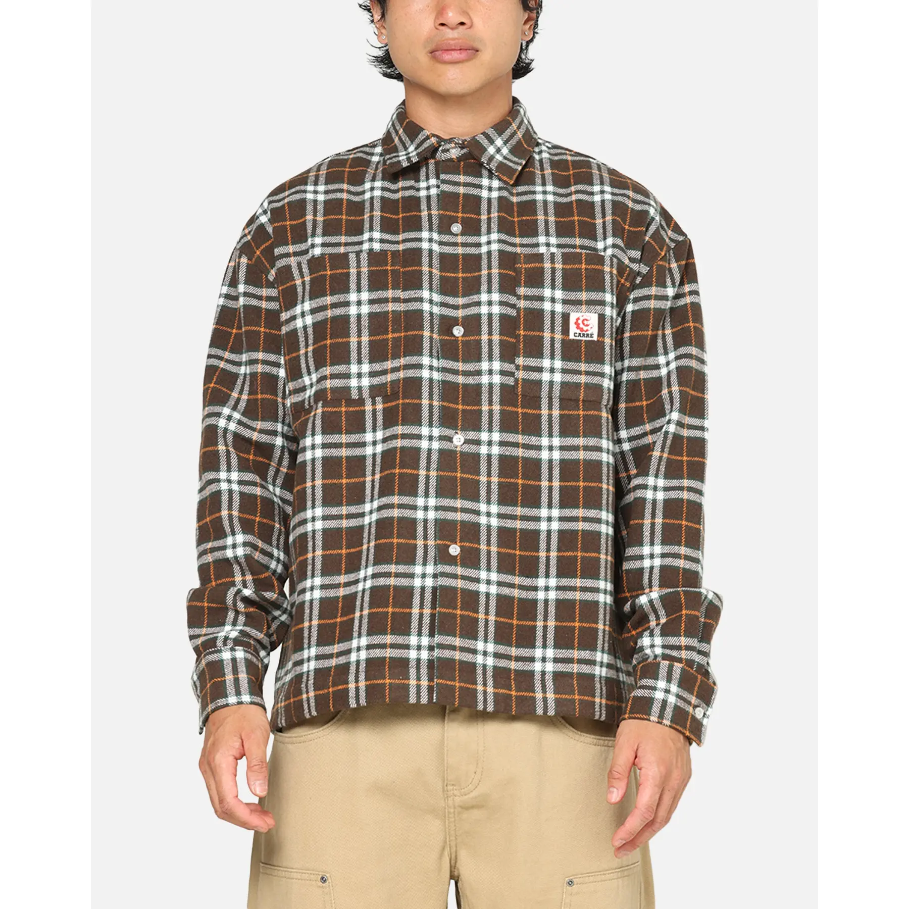 Carre Workwear Long Sleeve Button Up Shirt Brown-Plaid
