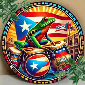 Puerto Rican Flag and Frog Metal Wall Art Artistic Decoration Decorative Artwork 8x8 Inch Round Indoor Outdoor Decor