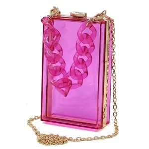 Acrylic Chain Handle See Thru Crossbody Clutch Dopamine Y2K Style with Gold-tone Hardware and Detachable Strap - Wristlet