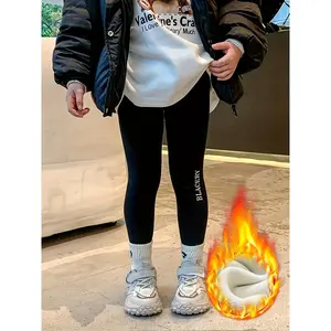 Cozy Fleece-Lined Girls' Leggings - Stretchy, Warm Winter Pants with Letter Print for Youngsters