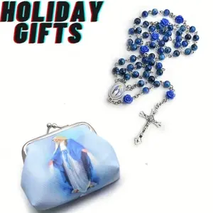 Virgin Mary Coin Purse +Rosary Beads Catholic Prayer Charm Women's Portable WalletChristmas Birthday Gift