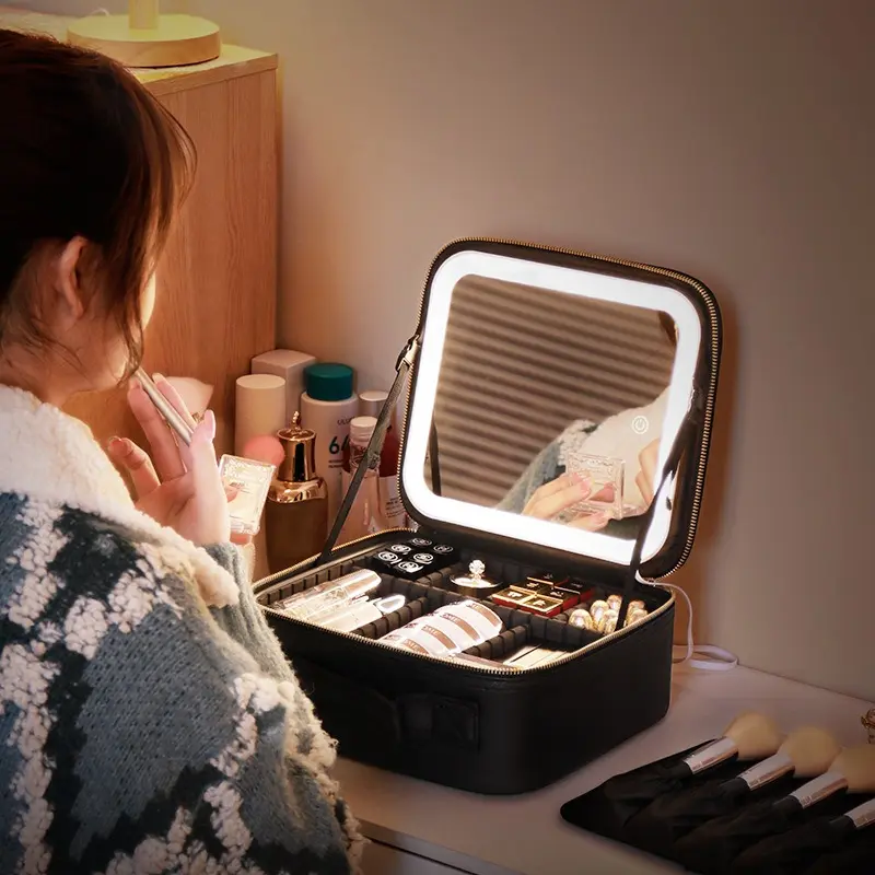Travel Makeup Bag with LED Lighted Makeup Mirror 3 Color Setting Rechargeable Beauty Organizer Case for Women, Durable Synthetic Leather Finish