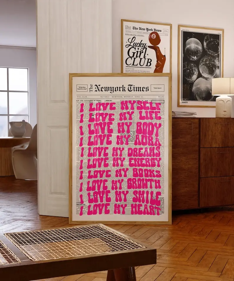Pink Positive Quote Print Newspaper Girly Dorm Decor Apartment Print Aesthetic Bathroom Print Affirmation Art Preppy Wall Art Motivational Poster