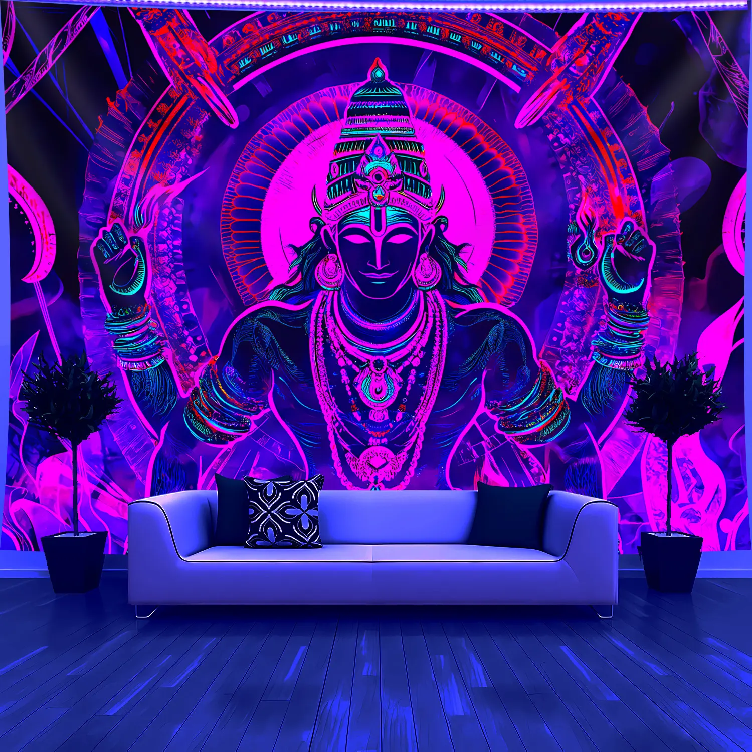 1pc Extra Large Glow-in-the-Dark Shiva Meditation Tapestry - UV/Blacklight Activated Neon Hindu God Poster with Neon Pink/Blue/Purple/Red/White/Black/Golden/Gray/ - Wrinkle-Resistant Peach Light Beige Fabric for Indian Cultural Decor, Parties, Yoga Studio