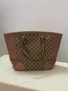 Pre-owned GUCCI GG Monogram Canvas & Brown Leather Tote Bag with Drawstring Detail for Women