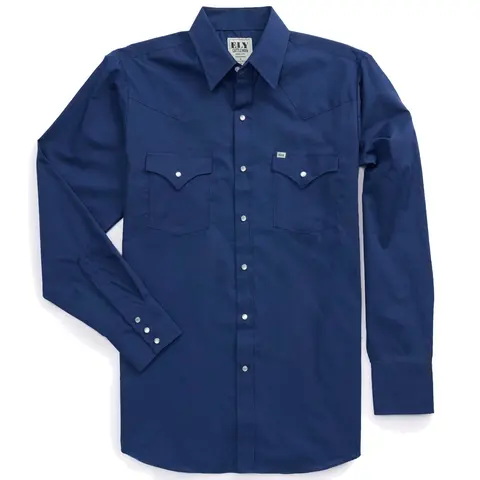 Men's Ely Cattleman Classic Long-Sleeve Plain Navy Woven Western Shirt - Lightweight Cotton Easy-Care Fabric, Casual Top, Functional Pocket, Country Concert Outfit