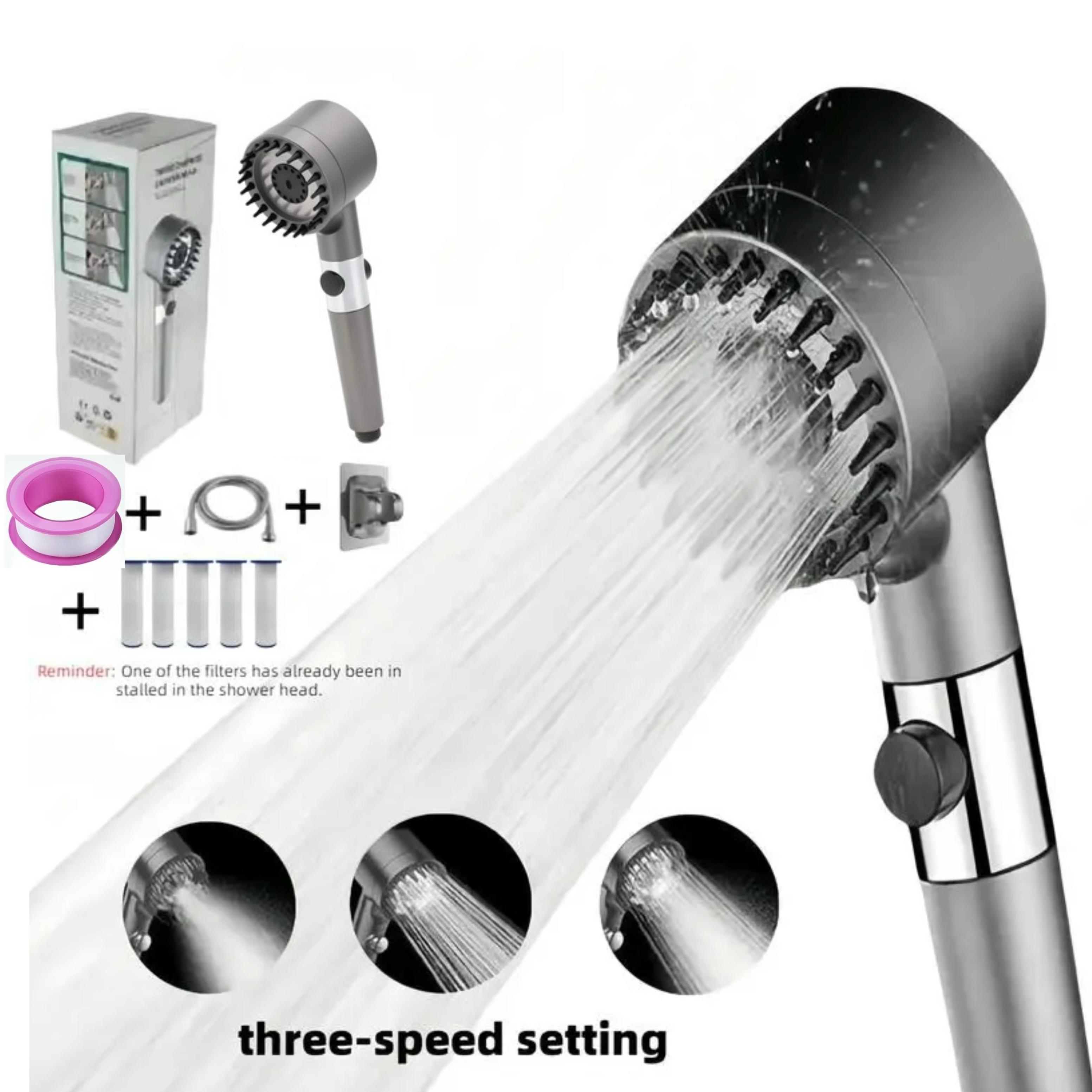 Metal Handheld High-Pressure Massage Shower Head - 3-Setting 4-in-1 Removable Design with Adjustable Spray, 47 in Upgraded Reinforced Thick Hose, Mounting Bracket and 5 Filter Cartridges, Handheld Head