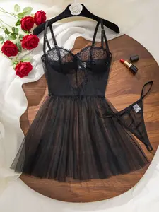 Elegant Black Lace Slip Nightdress Set | Perfect for Valentine’s Day Slim Fit Sheer Lace Bodysuit