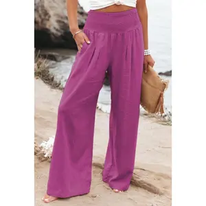 Womens Linen Pants 2025 Summer Casual Wide Leg Palazzo Pants Loose Smocked High Waist Work Slack Flowy Beach Trousers