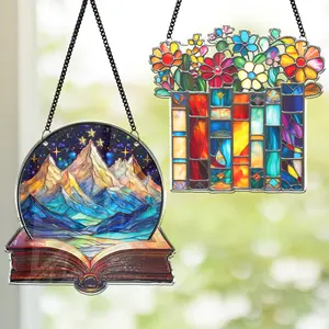 Book Lovers Gifts for Women, Book Ornament Faux Stained Glass Window Hanging, Bookish Gifts for Teacher, Librarian, Reader, Bookworm, Christmas Stocking Stuffer Tree Decorations (Floral Shelf)