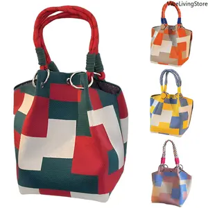 Women's Color Block Geometric Knit Bucket Tote Bag - Adjustable Straps, Metal Rings, Snap Closure, Bohemian Shopper Handbag, Fashionable Bohemian Street Bag, Large Women's Tote for Casual Daily Use & Travel