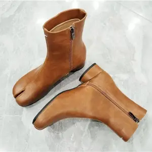 2026 Autumn Split-Toe Shoes Pig's Hoof Shoes Women's Boots Korean Style Niche Chunky Heel Retro Side Zipper Mid-Calf Boots Winter Warm Shoes Black Footwear