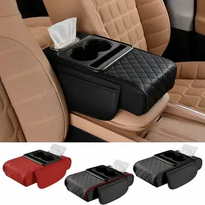 5 in 1 Multifunctional Car Armrest Cushion with 2 Cup Holder & Phone Holder & 2 Storage Bags & Tissue Box Slot, Thickening 3" Height Memory Cotton Leather Center Console Cover , Key Card Coins Collectors, Universal For Car Accessories Interior Organizers