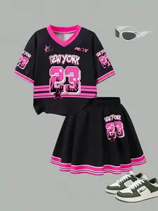 Girls' 2-Piece American College Sportswear Set, Digital Print T-Shirt & Striped Pleated Skirt, 4-12 Years, Spring Summer Fashion