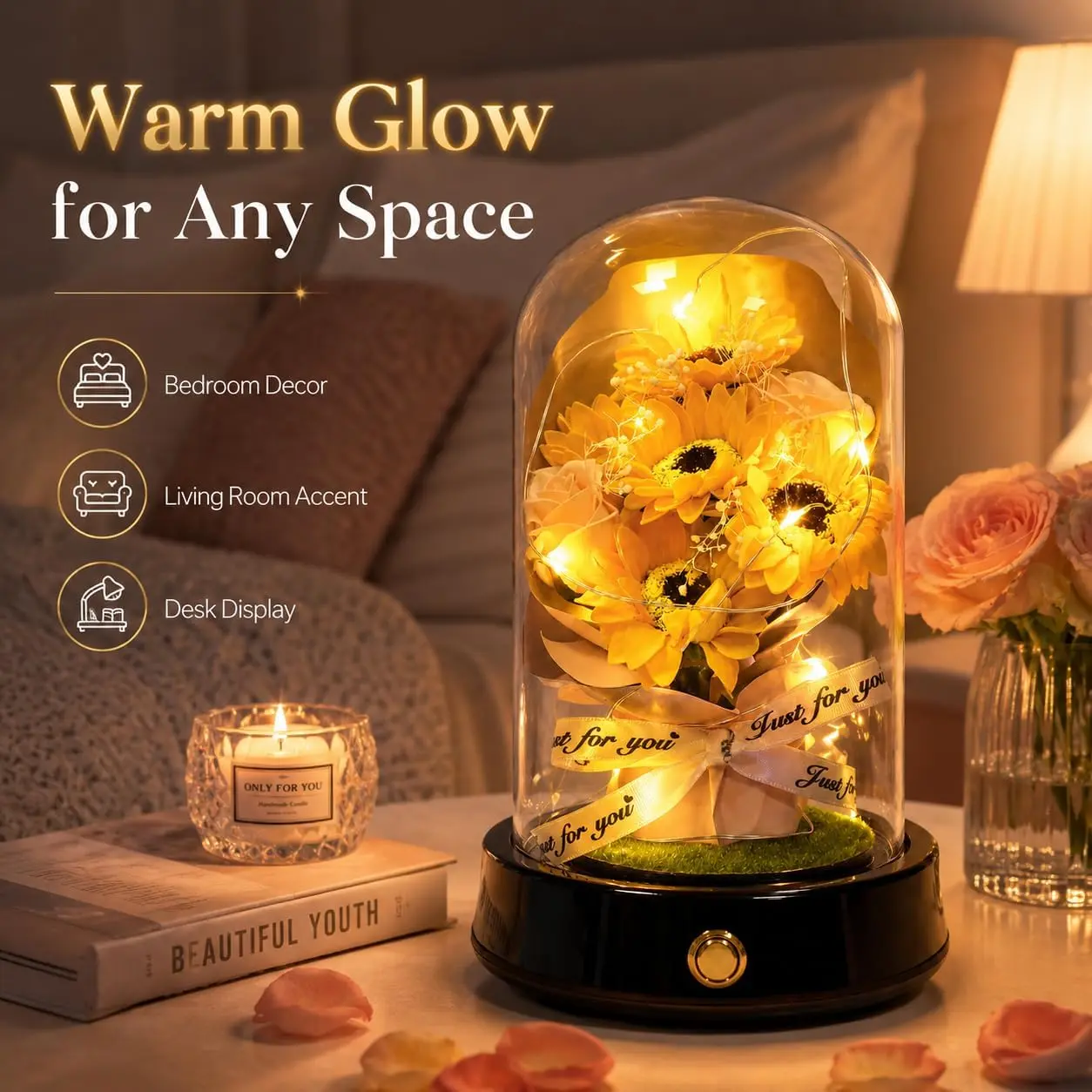 Sunflower Gifts for Women,Forever Sunflower in Glass Dome,Sun flowers | Preserved Sunflower Bouquet,Sunflower Lamps for Nightstand,Gifts for Sunflower Lovers,Birthday Gifts
