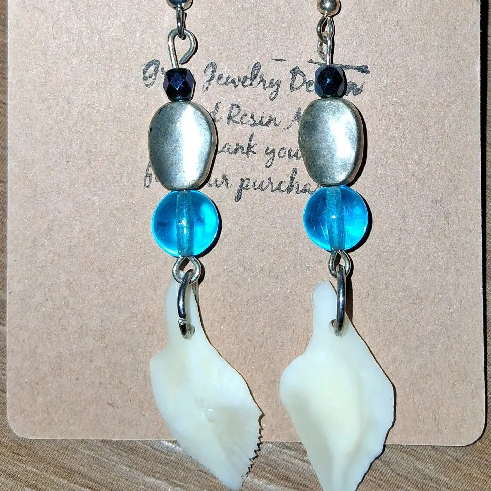 Handmade Alligator Gar Scale Earrings with Blue Beads
