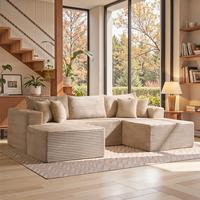 Beige Plush Corduroy Facing Right Chaise