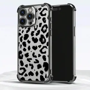 Phone Case for IP 17/16/15/14/13/12/11 Series (Pro, Pro Max & Standard) - Trendy Black Leopard Pattern with Transparent Electroplated Edge, Shockproof Drop Protection, Soft Flexible TPU Material