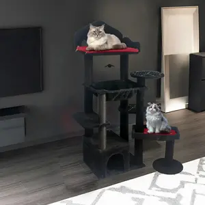 Gothic Style Black Cat Tree, Multi-Level Furniture with Scratching Posts, Perches, Hammock, Cat Cave & Interactive Toy, Sturdy Cat Tower for Indoor Multiple Cats