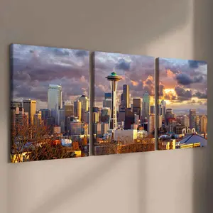 3-Piece Modern Art Design Canvas Prints, Solid Wood Frame, Seattle Cityscape Poster, Waterproof Wall Decor, Ideal Gift for Home & Office
