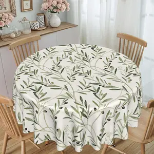 Rustic Simple Olive Branch Print Round Tablecloth, Outdoor Dining Table, Twill Polyester Material, Furniture Protection, Party Decoration, Home Decor
