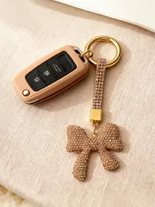 New Champagne Color Clay Keychain with Rhinestones, Personalized Bow Design, Luxury Casual Accessory, Unisex Backpack Charm, Car Key Holder,Valentine's Day,lovers