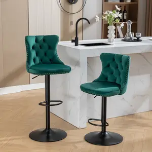 Velvet Bar Stools Set of 2, Adjustable Swivel Counter Height Chairs with Tufted Back and Nailhead Trim for Kitchen Island (Matte Metal, 2 Pcs)