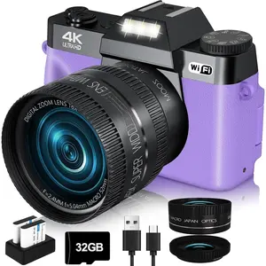 2024 Upgrade  Digital Camera for Photography 4K 56MP Vlogging Camera for YouTube with WiFi, 180 Flip Screen, 16X Digital Zoom, 52mm Lens, 2 , 32GB  SD Card(Purple)