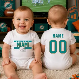 Personalized Miami Baby Football Romper, Custom Name Number Baby Outfit, Short Sleeve Sports Romper, Game Day Baby Gift
