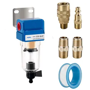 1/4" NPT Compressed Air Line Filter, 5 Micron Brass Element, Manual Drain, Bracket, Poly Bowl, 145 PSI