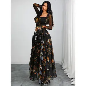 Gothic Sexy Elegant Printed Long Sleeve Square Neck Romantic Skirt Mesh Patchwork Knit Waist Dress, All Seasons Fitted Style