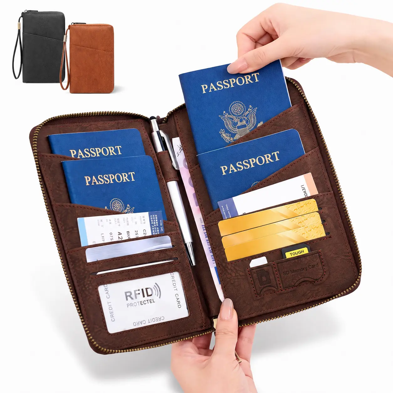 RFID Blocking Family Passport Holder, Multi-Passport Travel Document Organizer with Zipper Pocket & Wrist Strap, Secure Travel Wallet for Cards, Tickets, Family Vacations and Business Trips