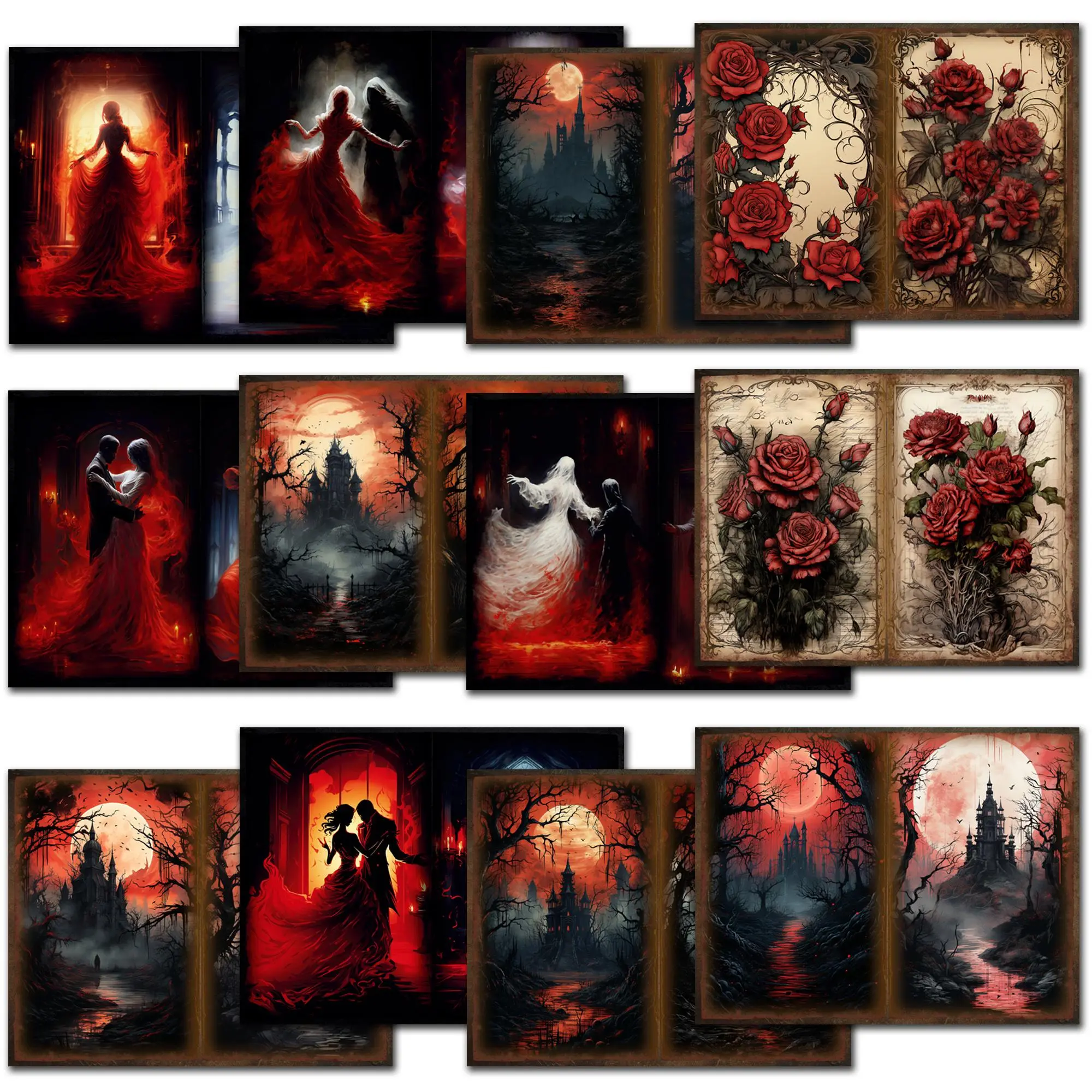 Gothic Castle, Rose, Ghost & Moon Pattern Scrapbook Paper & Sticker Set, Art Stickers, Sticker Packs, Stickers Kit, 58pcs/set Decorative Paper & Stickers, Gift Wrapping Paper, Scrapbook & Journal Making Supplies, Scrapbooking, Vintage Paper