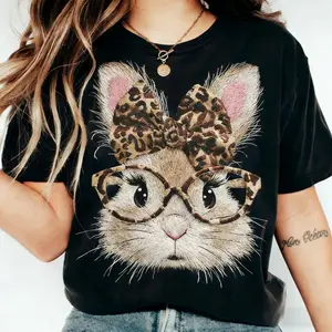 Trendy Easter Day T Shirt Featuring Retro Leopard Bunny and Coquette Easter Bunny Design